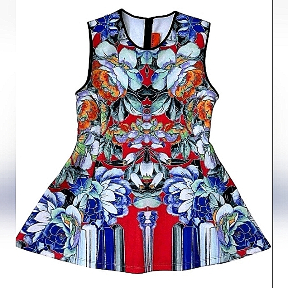 NWT Clover Canyon Scuba Sleeveless Peplum Vibrant Red Blue Green Neoprene Top M